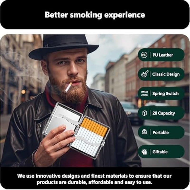 Cigarette Case (2 Pack), Spring Switch 20 Capacity Cigarette Holder Case for Men Women, Cigarettes Smoking Accessories for , Metal & Leather Box for Regular, King Size and 100mm 100's - Image 5